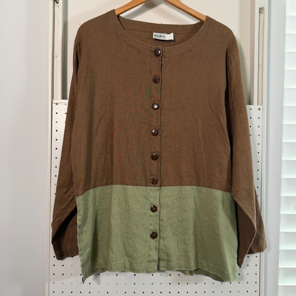 Kiko Tunic Blouse Women's Brown Green Linen Side Slits Button Top - Medium